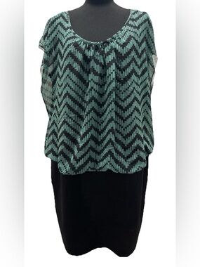 En Focus Studio Women's Green & Black Printed Dress, Flutter Sleeves, Size 20W
